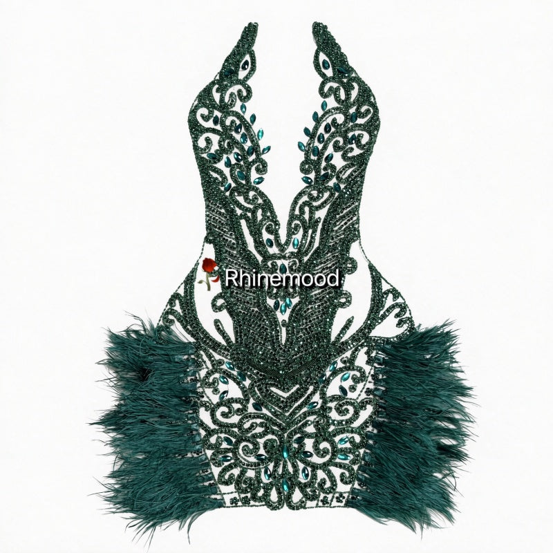 Crystal with feather - Rhinestone Bodice Applique