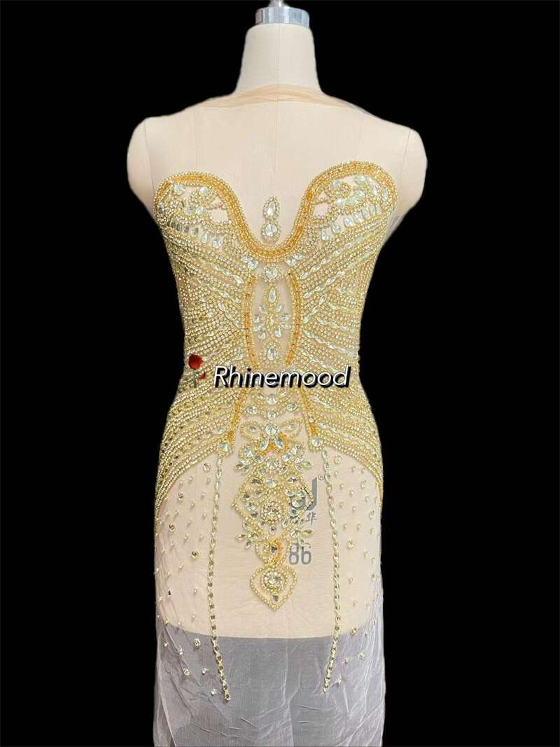 IN STOCK - Amelia S Light Gold- Rhinestone Bodice Applique