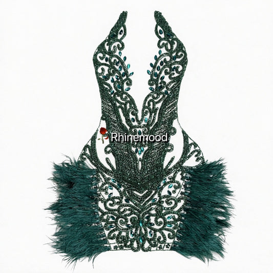 Crystal with feather - Rhinestone Bodice Applique